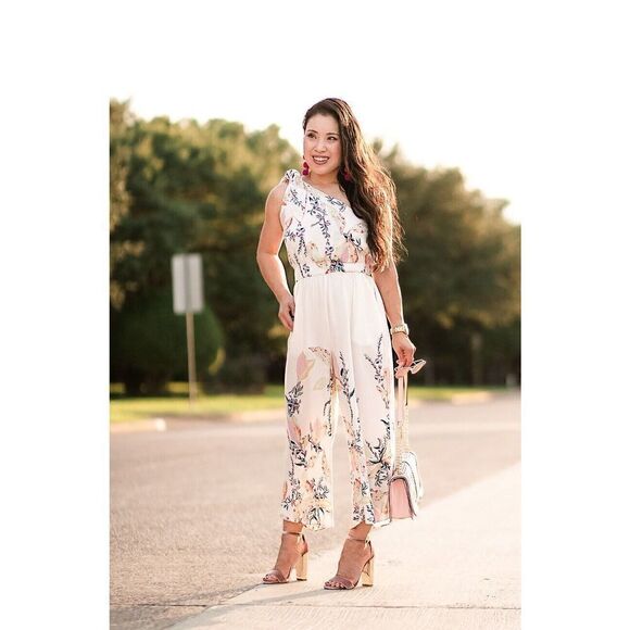 Free People Jumpsuit Island Time Floral Womens Small Cream One Shoulder Wide Leg - Picture 2 of 15